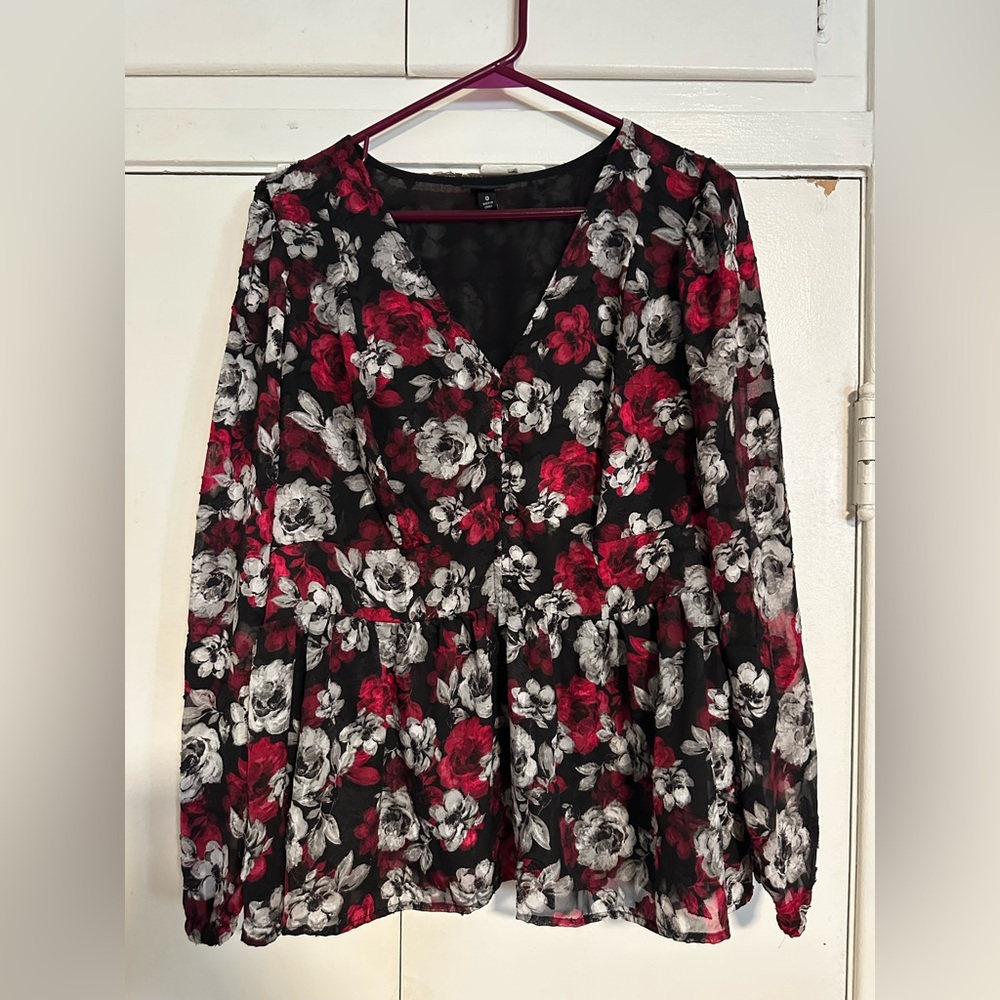 Torrid Romantic Sheer Floral Blouse Size 0  — Red/Black